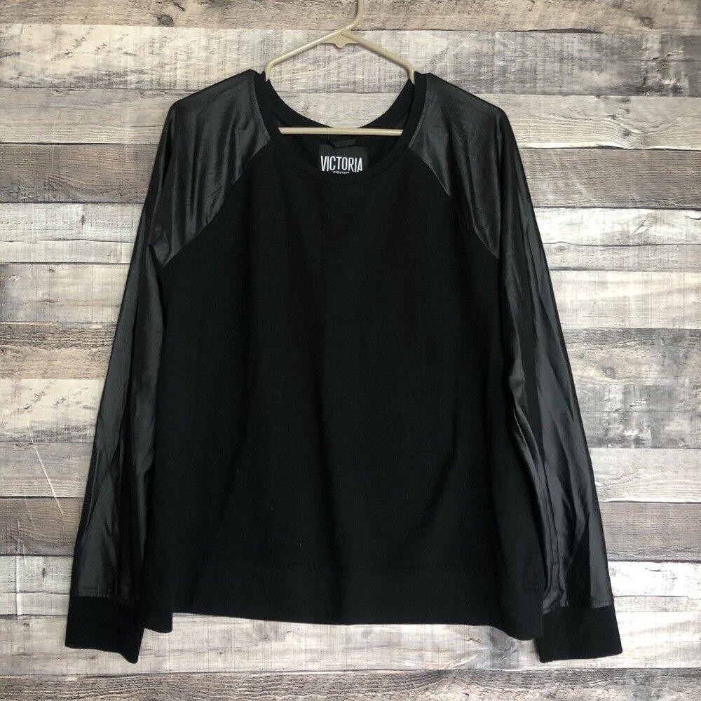 Victoria Sport Women's Black Faux Leather Sleeve Pullover Sweatshirt Large